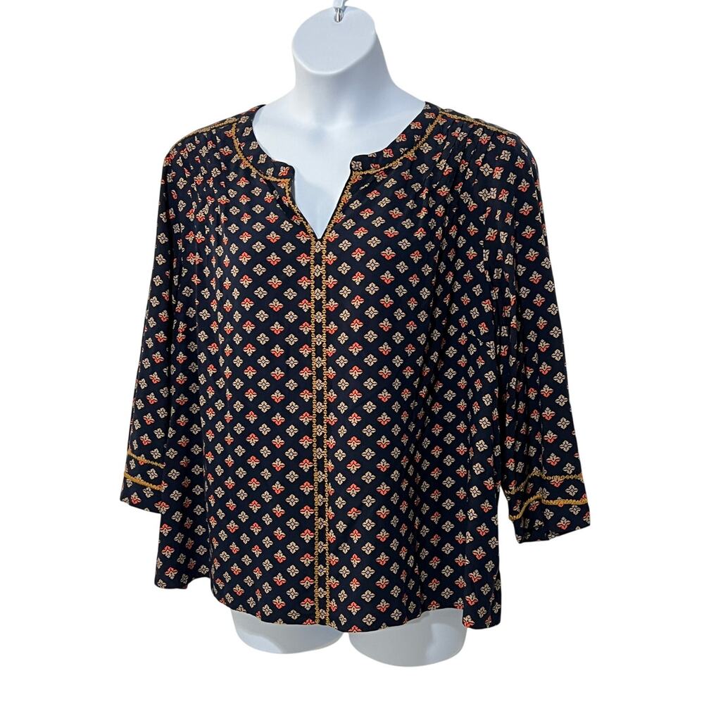 J. JILL WOMENS TOP PLUS SIZE 2X V-NECK POPOVER GEO PRINTED BOHO BLOUSE NAVY